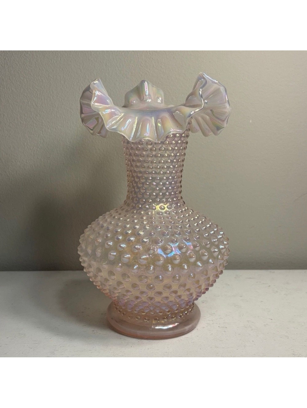 Fenton Iridescent Opalescent Champagne Pink Hobnail Double Crimped Vase 10 1/2